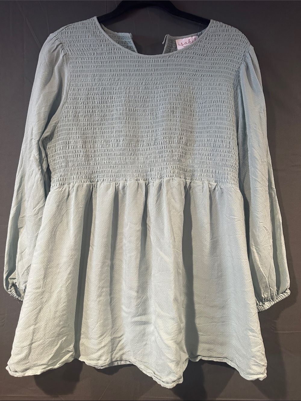 Isabel Ingrid Smocked Bodice Light Sage Long Sleeve Womens Top bohemian festival